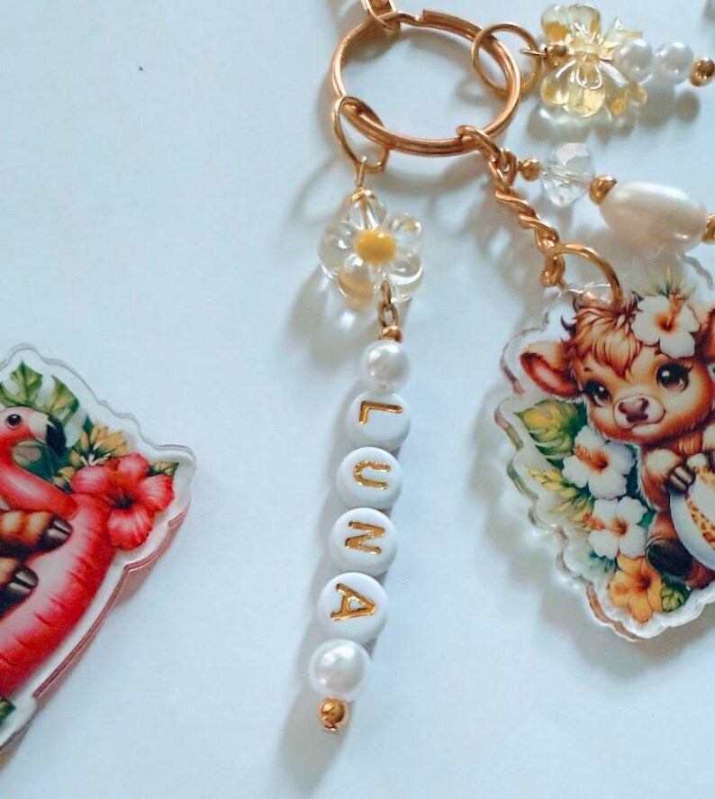 Personalized Baby Cow Summer Keychain Beaded Acrylic Charm With Name
