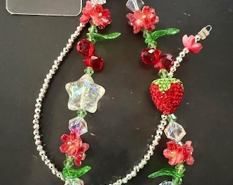 Strawberry Rhinestone Sparkle Glass Beaded Phone Charm | Phone Strap