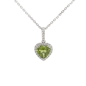 Valentines Day Peridot heart diamond pendant with diamonds in 14k white gold