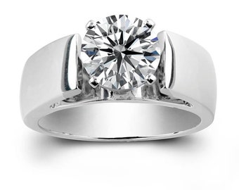 Wide Platinum Cathedral engagement ring 2 carat Round White Sapphire Solitaire