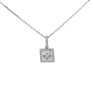 14k white gold princess cut diamond halo pendant  for women