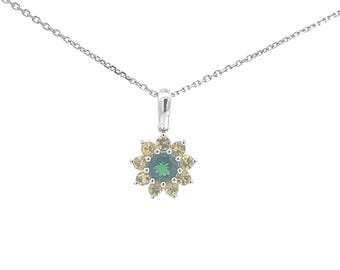 Sunflower pendant 14k white gold with Tsavorite and yellow sapphire 0.91 TCW