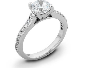 Cathedral diamond engagement ring 0.33 total carats with 1 carat Round White Sapphire in 14 karat white gold for women