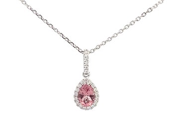 Pink Toumaline Pear Shape Diamond halo pendant in 14 karat white gold 1.12 TCW