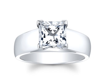 White Sapphire Engagement ring 18k white gold wide cathedral with 2 carat Princess Cut center
