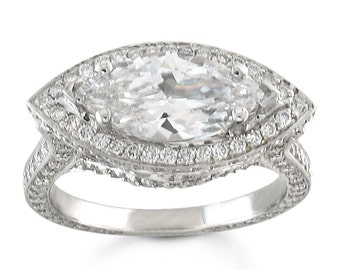 Ladies 18kt white gold pave diamond engagement ring for 2ct Marquise white sapphire and 1 ctw G-VS diamonds