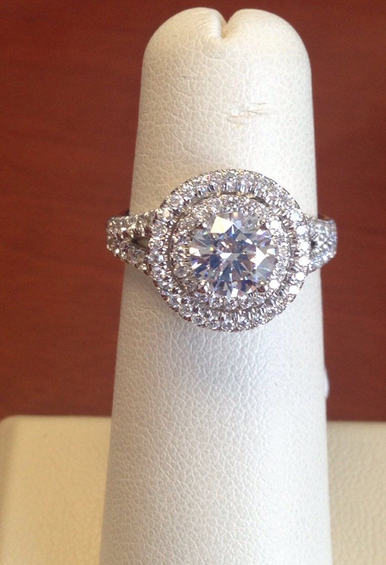 Ladies double halo diamond engagement ring 14 karat with 2 | Etsy