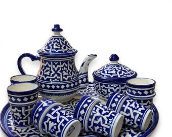 Complete Moroccan Tea Set Blue - Ceramic Teapot Sugar Bowl Tray 6 Cups - Fes Pottery Zellige - Full Beldi Atay Set