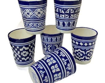 Set of 6 Moroccan Beldi Cups - Handmade Ceramic Cups - 4 Colors Blue Yellow Green Black - Moroccan Tea Cups by Fadma