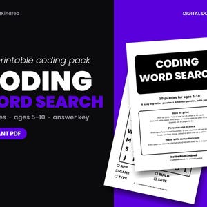 Sopa de letras de programación para niños, rompecabezas imprimibles de informática y tecnología, sopas de letras fáciles y difíciles, edades de 5 a 10 años, actividad STEM en PDF