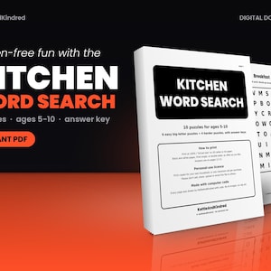 以下が含まれることがあります： 5歳から10歳向けの13ページのデジタルPDF「Kitchen Word Search」アクティビティセット。10個のパズルと解答キーが含まれています。表紙にはタイトル、印刷手順、KettleAndKindredのブランド名が黒と白のテキストで記載されています。