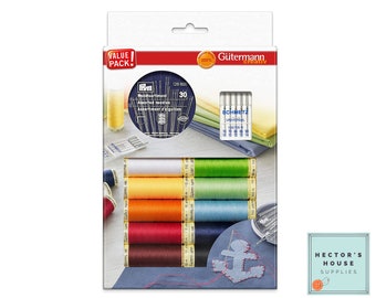 Gutermann Sew All Thread Set with Schmetz and Prym Needles, Assorted Colors, 10 x 100m Reels