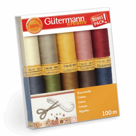 Gutermann Cotton Thread Set, Selection of Colours Cotton Threads, Gutermann Value Pack, 10 Reels, 100% Cotton, Gift Idea for Sewer