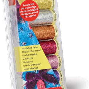 May include: A pack of Gütermann metallic effect thread spools in gold, silver, copper, red-violet, and purple. The packaging features text in multiple languages, including "Metallic Effect Thread" and "Premium Quality."