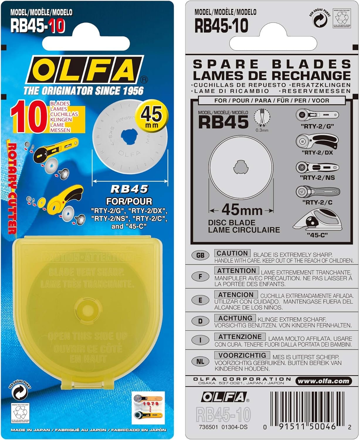 Olfa RB45-10 60mm Circular Rotary Replacement Knife Blades 10 Pack 