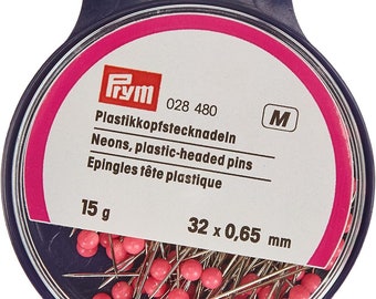 Prym Neon Sewing Pins, Plastic Headed Pink Pins 32mm Long, 15g Resealable Pack 028 480