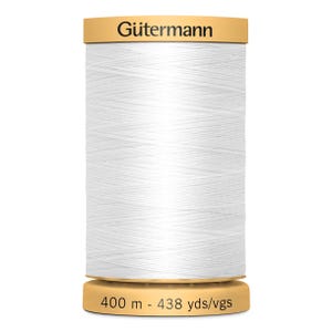 May include: A spool of white sewing thread by G&uuml;termann. The top of the spool features the brand name in black text, and the base displays the length as 400 m - 438 yds/vgs. The thread is wound in a cross-hatch pattern around the cylindrical spool.
