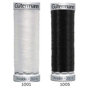 May include: Two spools of Gütermann invisible thread, one white (1001) and one black (1005). Each spool contains 200 m of thread. The spools have silver tops and bases, with the Gütermann logo and thread details printed on them.