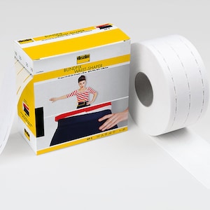 May include: A roll of white fabric tape with a yellow and black box. The box has the text "Bundfix Waist-Shaper" and a picture of a woman wearing a skirt. The tape is used for shaping and altering clothing.