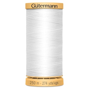 May include: A spool of white sewing thread by G&uuml;termann. The top of the spool features the brand name G&uuml;termann in black text. The bottom of the spool displays the length as 250 m - 274 yds/vgs. The thread is wound tightly around the cylindrical spool.