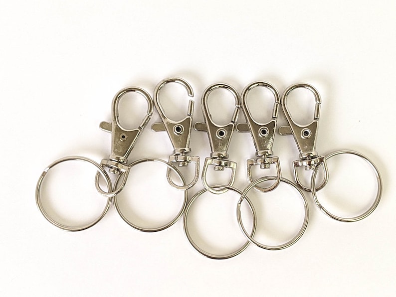 May include: Five silver keychains with a swivel clasp and a round ring.