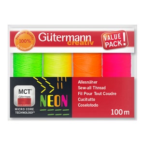 以下が含まれることがあります： Gütermann creativ ネオン縫い糸のパッケージ。明るいネオンカラーの糸が4色（緑、黄、オレンジ、ピンク）入っています。パッケージには「NEON」と「100 m」の文字も含まれています。