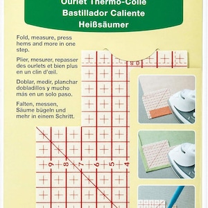 May include: A green and white Clover Hot Hemmer package. The package includes instructions in multiple languages for folding, measuring, and pressing hems. The package has a grid for measuring and examples of use.