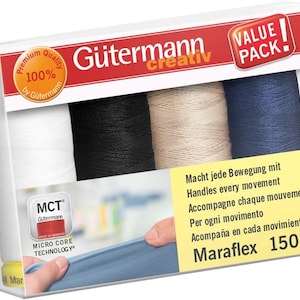 May include: A Gütermann Maraflex thread value pack. The package contains four spools of thread in white, black, beige, and blue. The packaging includes the text "Premium Quality" and "Value Pack."