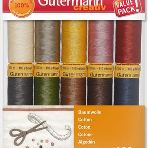 May include: A Gütermann Creativ Value Pack of sewing thread spools in various colours, including beige, brown, yellow, pink, and burgundy. The package includes 100 m (110 yds) spools of thread. The image also shows a decorative fabric with scissors and measuring tape.