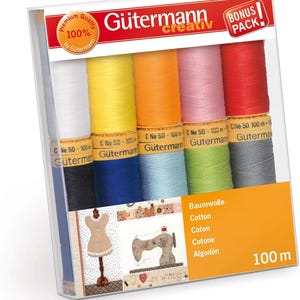 May include: A pack of Gütermann creativ sewing thread spools in a range of colours, including white, yellow, orange, pink, and red. The package includes a bonus pack and the text "100% by Gütermann". Each spool is 100m.