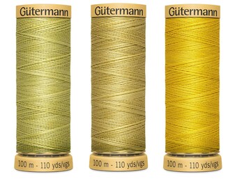 May include: Three spools of Gütermann thread in shades of green and yellow. Each spool is labelled with the brand name and the text "100 m - 110 yds/vgs". The thread colours are labelled with the numbers 248, 638, and 688.