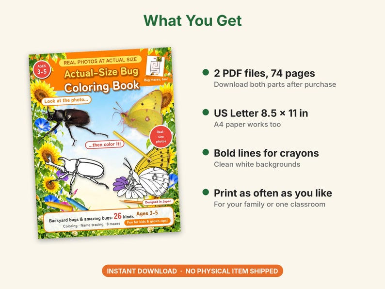Puede incluir: Un libro para colorear insectos en tama&ntilde;o real para ni&ntilde;os de 3 a 5 a&ntilde;os con ilustraciones de escarabajos y mariposas junto a fotos reales. La portada incluye texto, girasoles y l&aacute;pices de colores. Detalles: 2 archivos PDF, tama&ntilde;o 8.5 x 11 pulgadas.