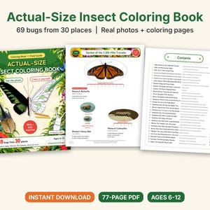 Actual-Size Insect Coloring Book, Printable PDF, 69 Bugs With Real Photos, Beetle & Butterfly Coloring Pages, Ages 6-12, Homeschool Science