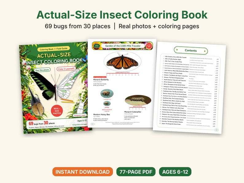 Actual-Size Insect Coloring Book, Printable PDF, 69 Bugs With Real Photos, Beetle & Butterfly Coloring Pages, Ages 6-12, Homeschool Science image 1
