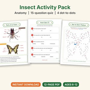 Insect Worksheets Printable, Parts of an Insect, Bug Quiz With Answers, 4 Dot to Dot Puzzles, Homeschool Science Activity, Ages 6-12 image 1