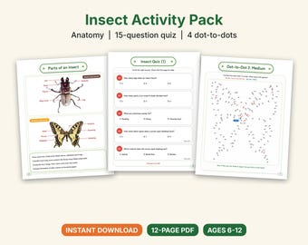 Insect Worksheets Printable, Parts of an Insect, Bug Quiz With Answers, 4 Dot to Dot Puzzles, Homeschool Science Activity, Ages 6-12