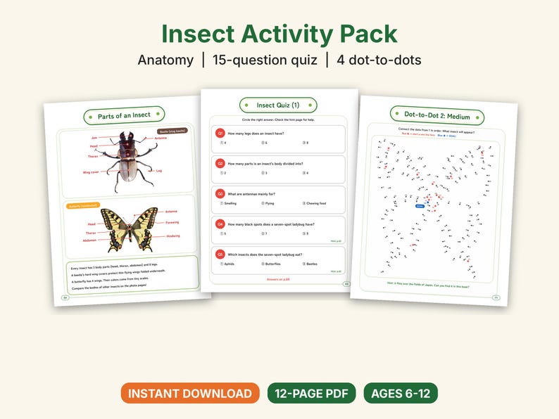 Insect Worksheets Printable, Parts of an Insect, Bug Quiz With Answers, 4 Dot to Dot Puzzles, Homeschool Science Activity, Ages 6-12 image 1