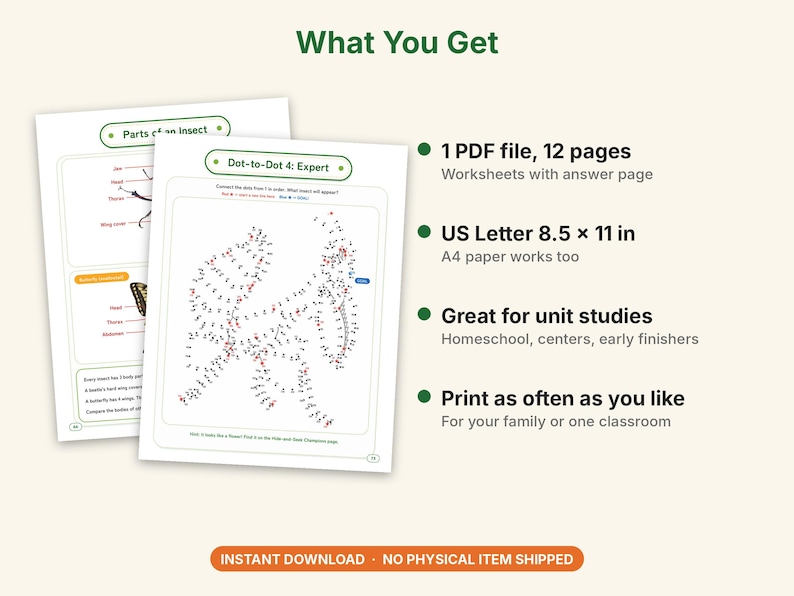 Insect Worksheets Printable, Parts of an Insect, Bug Quiz With Answers, 4 Dot to Dot Puzzles, Homeschool Science Activity, Ages 6-12 image 4