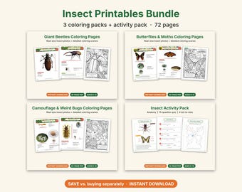 Insect Coloring Pages Bundle, Printable PDF, Beetles, Butterflies, Camouflage Bugs + Insect Quiz & Dot to Dot, Kids Science Activity