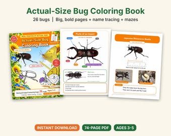Actual-Size Bug Coloring Book for Preschoolers, Printable PDF, 26 Bugs With Real Photos, Name Tracing & Mazes, Ages 3-5, Pre-K Science