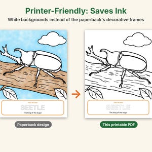 Puede incluir: Una p&aacute;gina para colorear en PDF imprimible con un escarabajo sobre una rama, una nube, el texto BEETLE y la frase The king of the bugs! La imagen compara un dise&ntilde;o de libro de bolsillo a color con una versi&oacute;n econ&oacute;mica con fondo blanco.