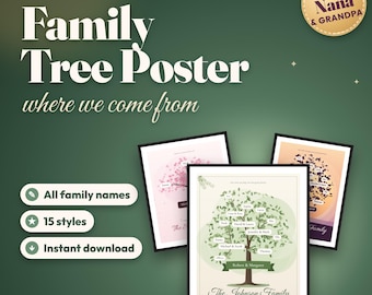 Poster personalizzato dell'albero genealogico, stampa con i nomi di famiglia personalizzati, regalo per i nonni, decorazione murale dell'albero genealogico, regalo per riunione di famiglia, PDF stampabile