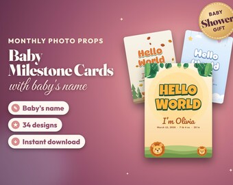 Baby Monthly Milestone Cards, Personalized Baby Month Cards with Name, Printable Photo Prop, Newborn Baby Shower Gift, Digital Download