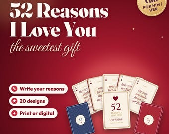 Mazzo di 52 motivi per cui ti amo, regalo personalizzato per San Valentino per lui o per lei, biglietti d'amore stampabili, regalo di anniversario, download immediato