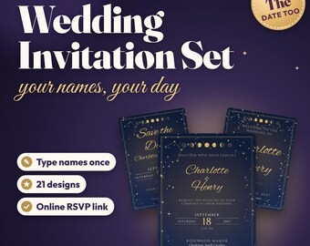 Set di inviti di nozze personalizzati, Save the Date, RSVP, Menù, Tableau de mariage, Segnaposto, Cartello di benvenuto e Link per RSVP online, Stampabile