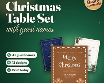 Segnaposto natalizi personalizzati stampabili, set con menù per la cena di Natale e cartelli di benvenuto, decorazioni per la tavola delle feste con i nomi degli ospiti, biglietti con i nomi