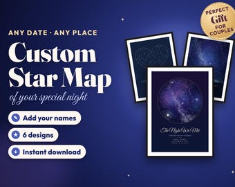 Custom Star Map Print, Night Sky by Date and Location, Personalized Anniversary Gift, Printable Constellation Poster, Instant Download