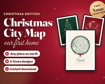 Christmas City Map Print, Our First Christmas Together Gift, Custom Map Poster, New Home Christmas Gift, Personalized Wreath Map, Printable