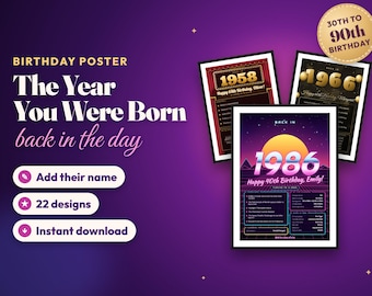 The Year You Were Born Poster, Personalized Birthday Print 1940-2010, Back in the Day Facts, 30th 40th 50th 60th Birthday Gift, Printable
