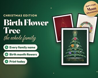 Birth Flower Christmas Tree Print, Personalized Family Christmas Gift for Mom or Grandma, Custom Birth Month Flower Poster with Names